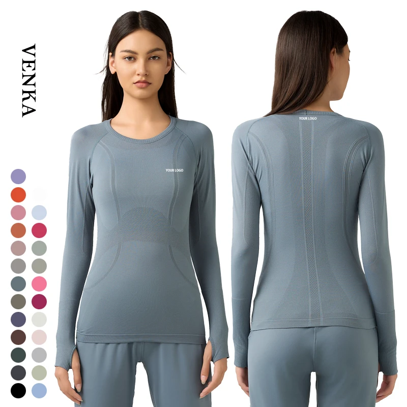 Women's Elastic Slim Fit Long Sleeve Gym Workout Yoga Top Neck T-Shirt Thumb Holes Customizable Plus Size Lightweight Fitness