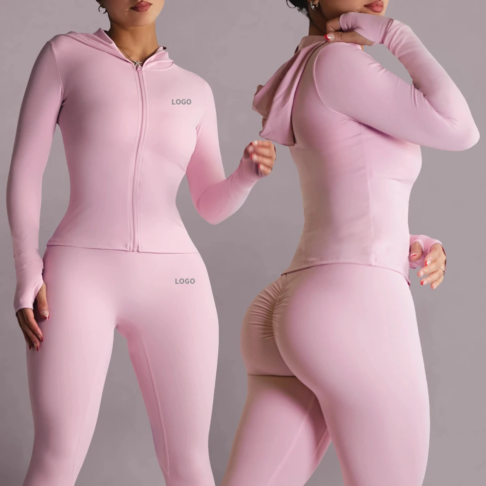 CustomWomen Yoga Set 2 Piece Hooded Zip up Long Sleeve Jacket with High Waist Scrunch Butt Leggings Stretch Gym Pants Activewear
