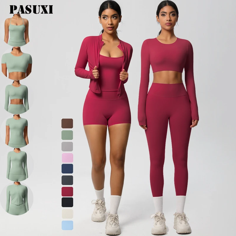 PASUXI Summer High Quality Women's Fitness Yoga Set Seamless Buttery Soft Long Sleeve Crop Top Leggings Bra Gym Solid Plus Size