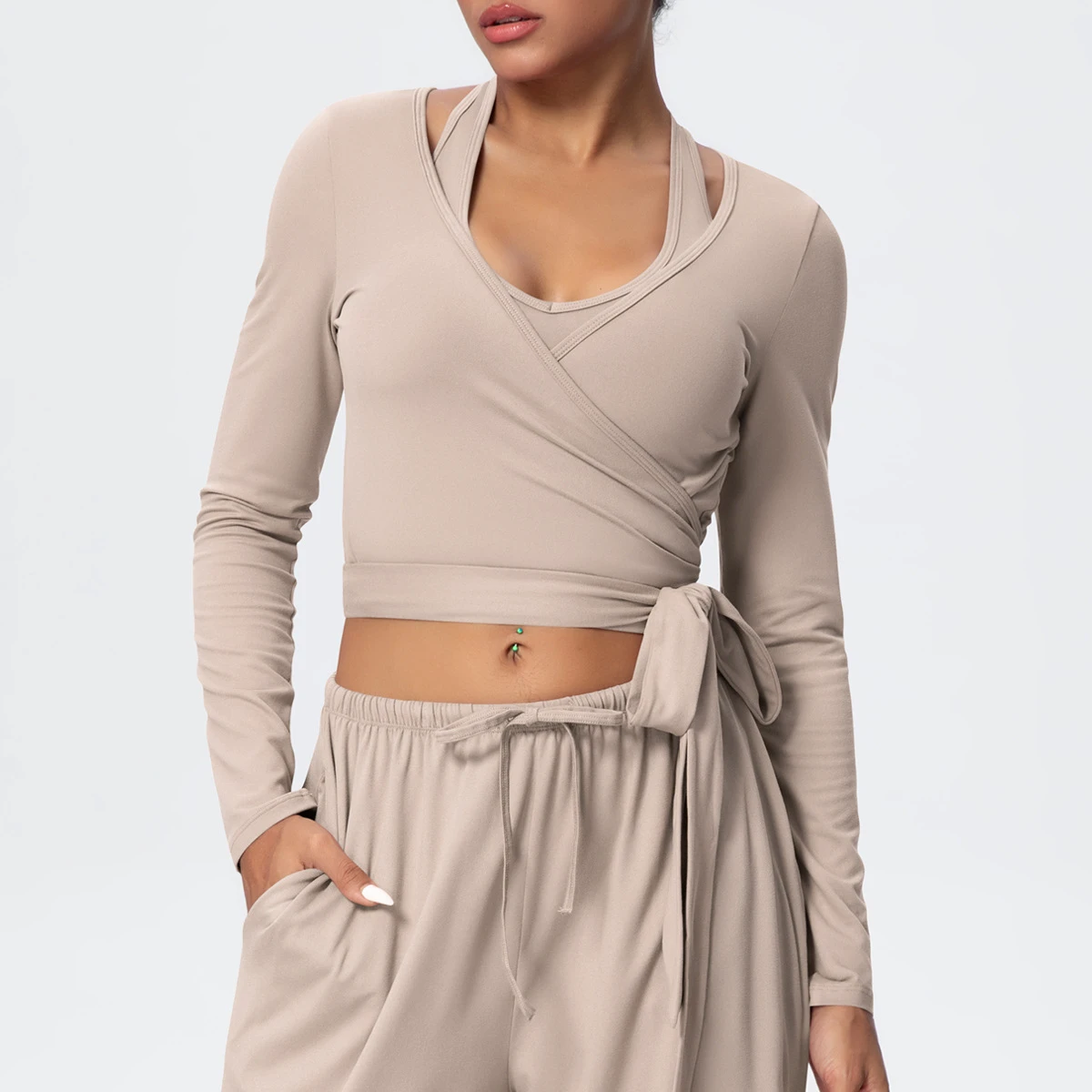 Women's Long Sleeve Wrap Crop Top Slim Fit Tie Waist Activewear Blouse for Yoga/Workout