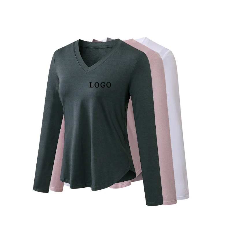 Wholesale Custom Long Sleeve Running Yoga Sport t Shirt for Ladies Quick Dry V-Neck Sport Top with Logo Print Summer Style
