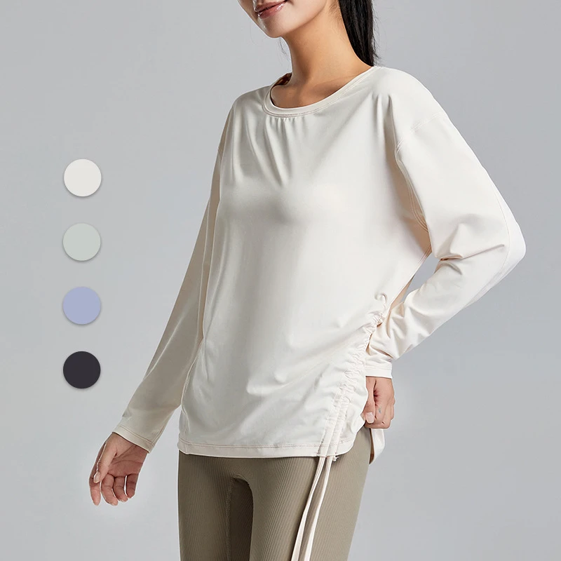 Autumn Drawstring Quick-dry Spandex/Polyester Women Breathable Long-sleeve Slimming Running Fitness Loose Sports Yoga Top