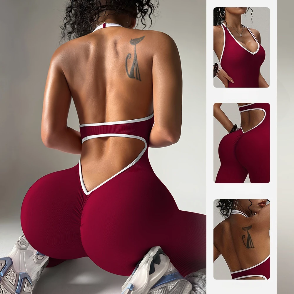 Women's Backless V Neck Halter High Waist Butt Lifting Seamless One Piece Yoga Workout Suit for Gym Fitness