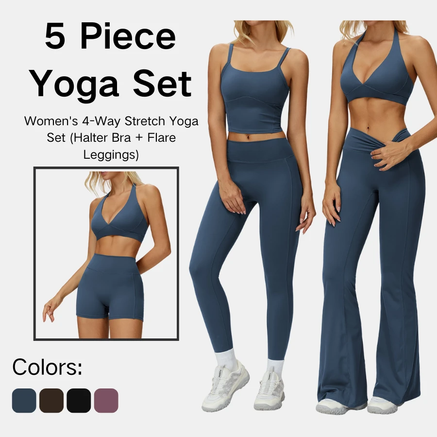 Women Is 5-Piece Yoga Set With Halter Neck Sports Bra Tank Top High Waist Leggings Flared Pants and Shorts