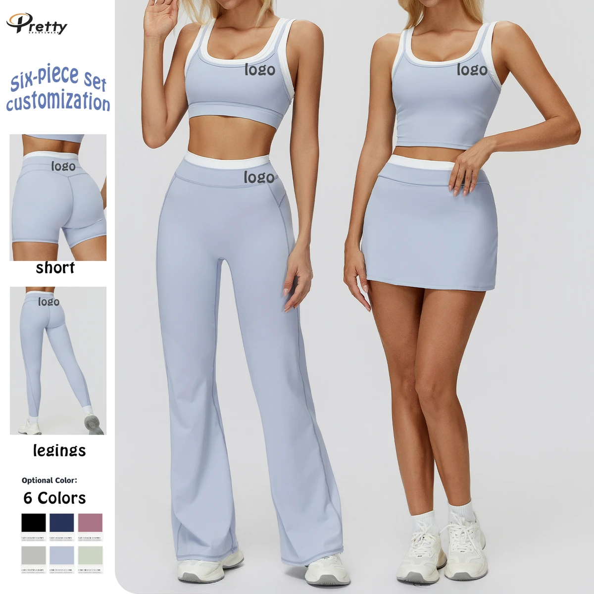 2025 New Arrival Customized Six-piece Yoga Set Nude Yoga Sets in Contrasting Colors Threaded High Waist Casual Fitness
