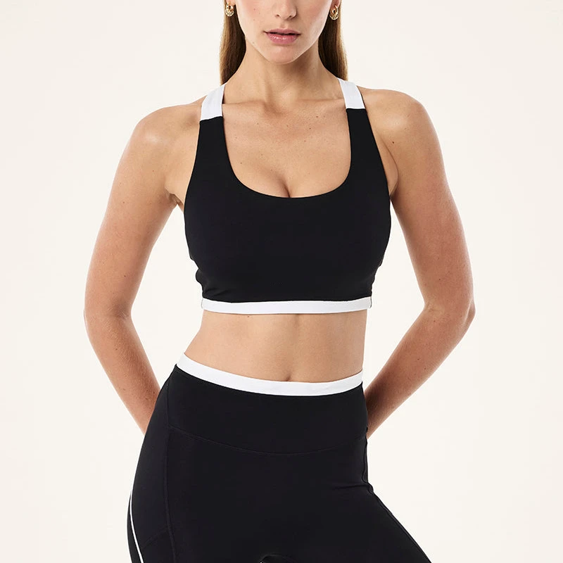 Wholesale OEM Women Scoop Neck Contrast Trim Racerback Sports Bra Buttery Soft Nylon Medium Support Workout Sculpted Yoga Top