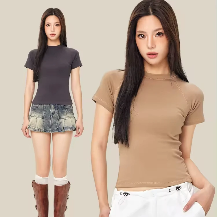 2024 Spring And Summer Round Neck Plug Sleeve T-shirt Women Spice Girls Solid Color Tops Slim Short Short Sleeve