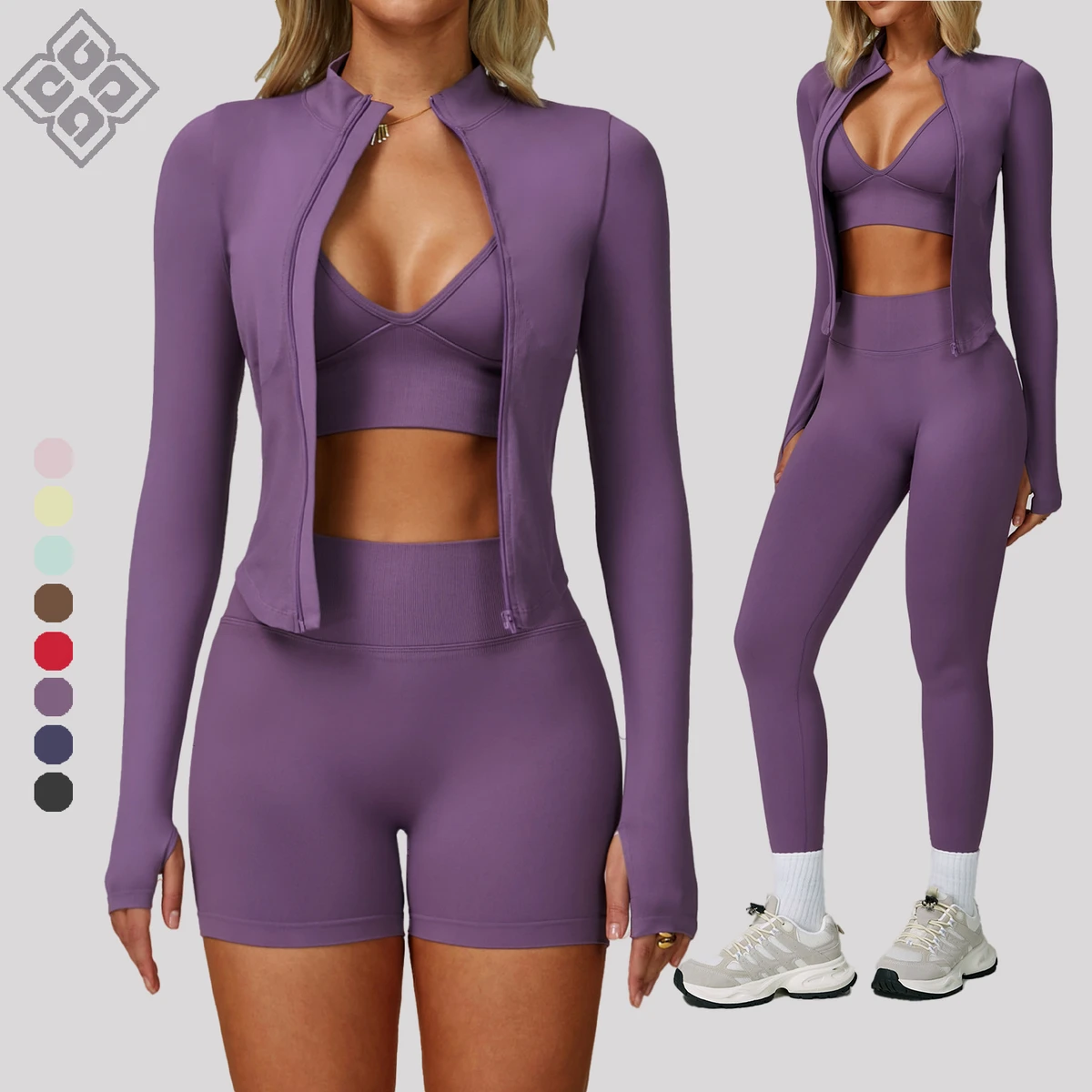 Women's 4-Piece Seamless Solid Yoga Set Long-Sleeve Stand-Up Collar Top Four-Way Stretch Quick-Dry Tight Pants Running Fitness