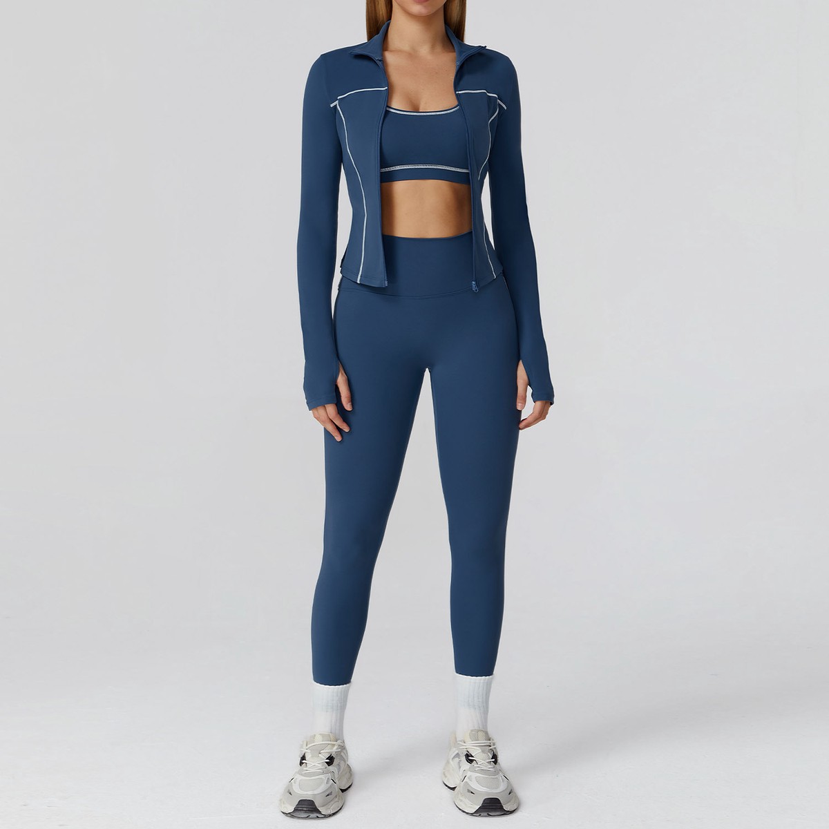 Solid Breathable Yoga Set High Waist Elastic Waist Slim Fit Three Piece Set Casual Running Sports Fitness Suit