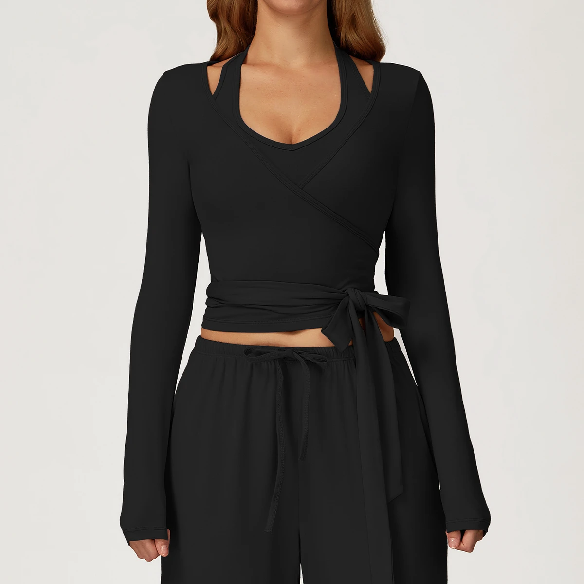 Personalized Brushed Long-sleeved Yoga Wear with Straps, High-end Outdoor Sportswear, Style 3058