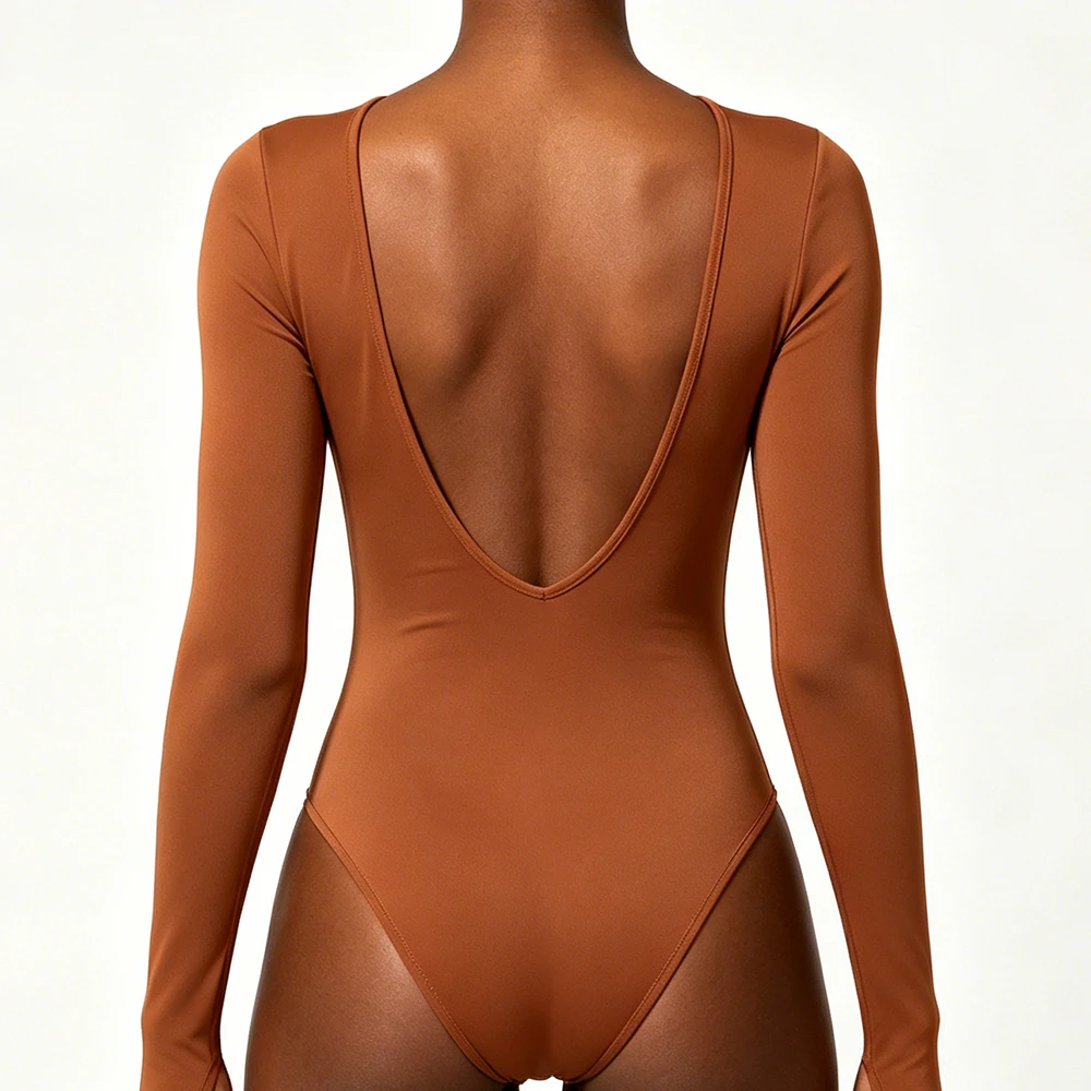 Women Deep V Front U Back Long Sleeve Thumb Hole Bodysuit Soft Naked Stretch Slim Fit Workout Yoga Dance One Piece Top