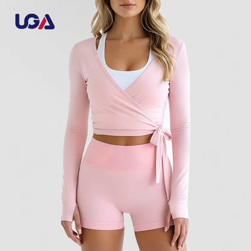 Women Ballet Wrap Top Long Sleeve Self Tie Dance Shirt Pilates Yoga Tops Workout Active Yoga Set