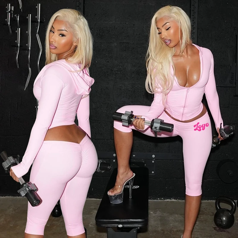 Women's Y2K Casual Solid Embroidered Fitness Tracksuit Set Custom Thumb Hole Jacket Capri Pants Leggings Two-Piece Set