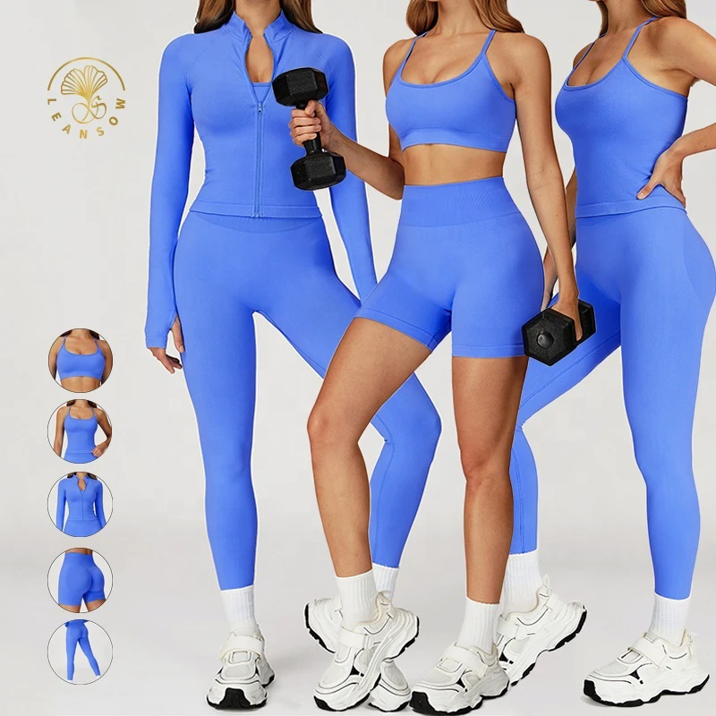 Wholesale Plus Size Gym Clothing 5 Piece Yoga Wear Ropa Fitness Mujer Seamless Windproof Sports Outfit Workout Sets for Women