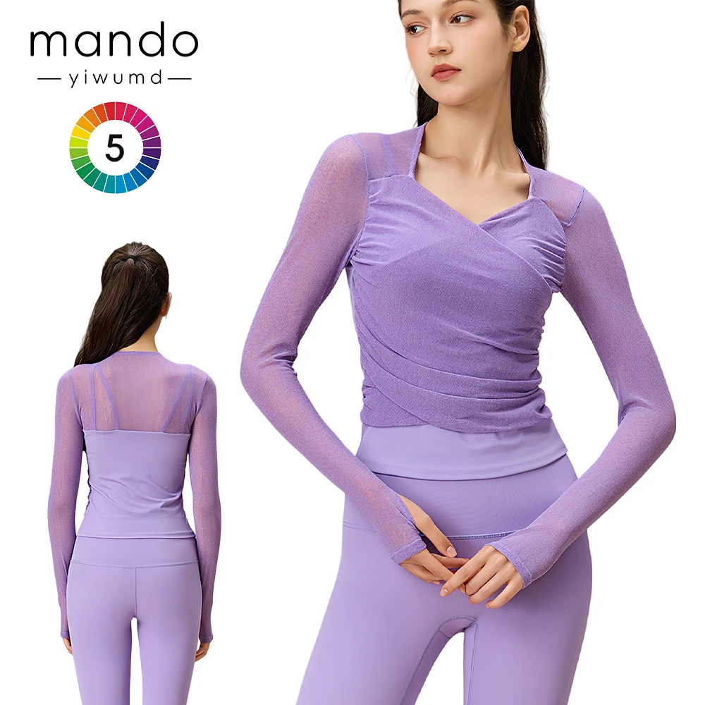 Sexy Sheer Mesh Yoga Top Fake Two-Piece Long-Sleeve Cover Buttery-Soft Breathable Activewear for Women