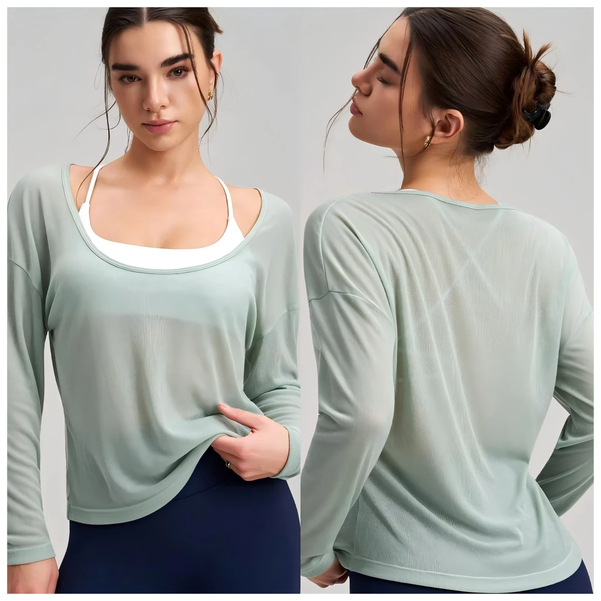 Wholesale Women's Loose Fit Long Sleeve Sheer Mesh Yoga Cover up Top Sheer Loose & Breathable Lightweight Protection Mesh Top