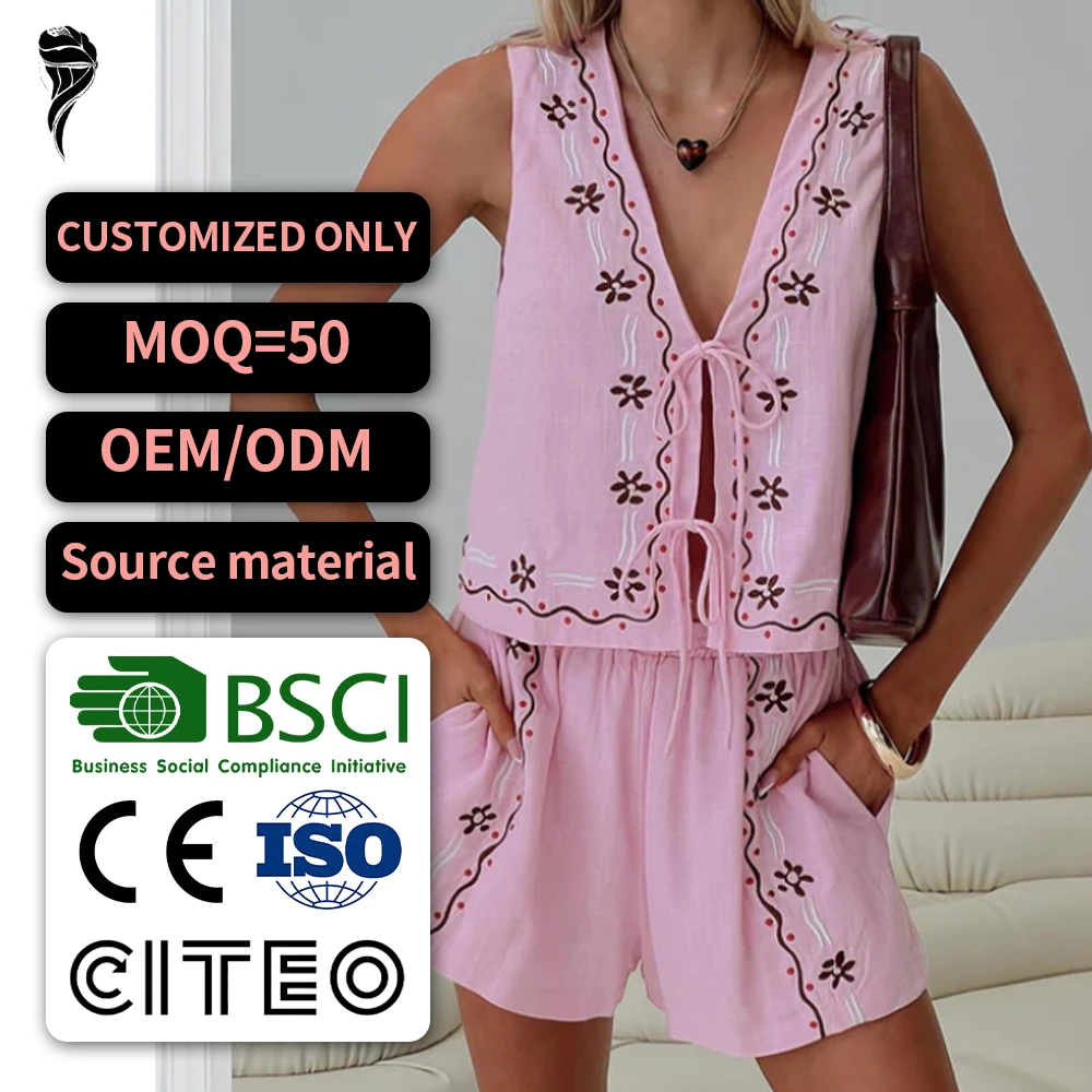 OEM Women's Casual Linen Two-Piece Set Hot Selling New Style Solid Sexy Sleeveless Top Shorts With Embroidery Fashionable Casual