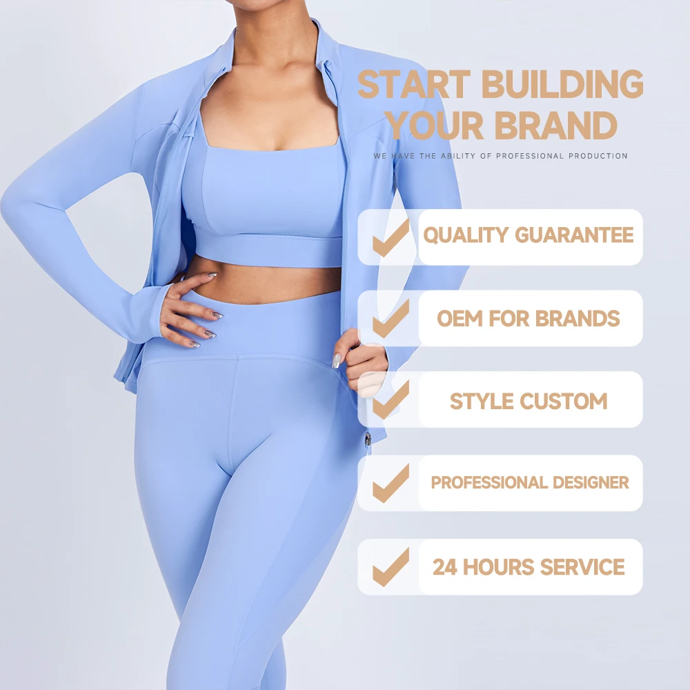 Luckpanther Women Outfits Yoga Three Pieces Suit Breathable Long Sleeve Zipper Jacket Sports Bra Fitness Legging Yoga Set