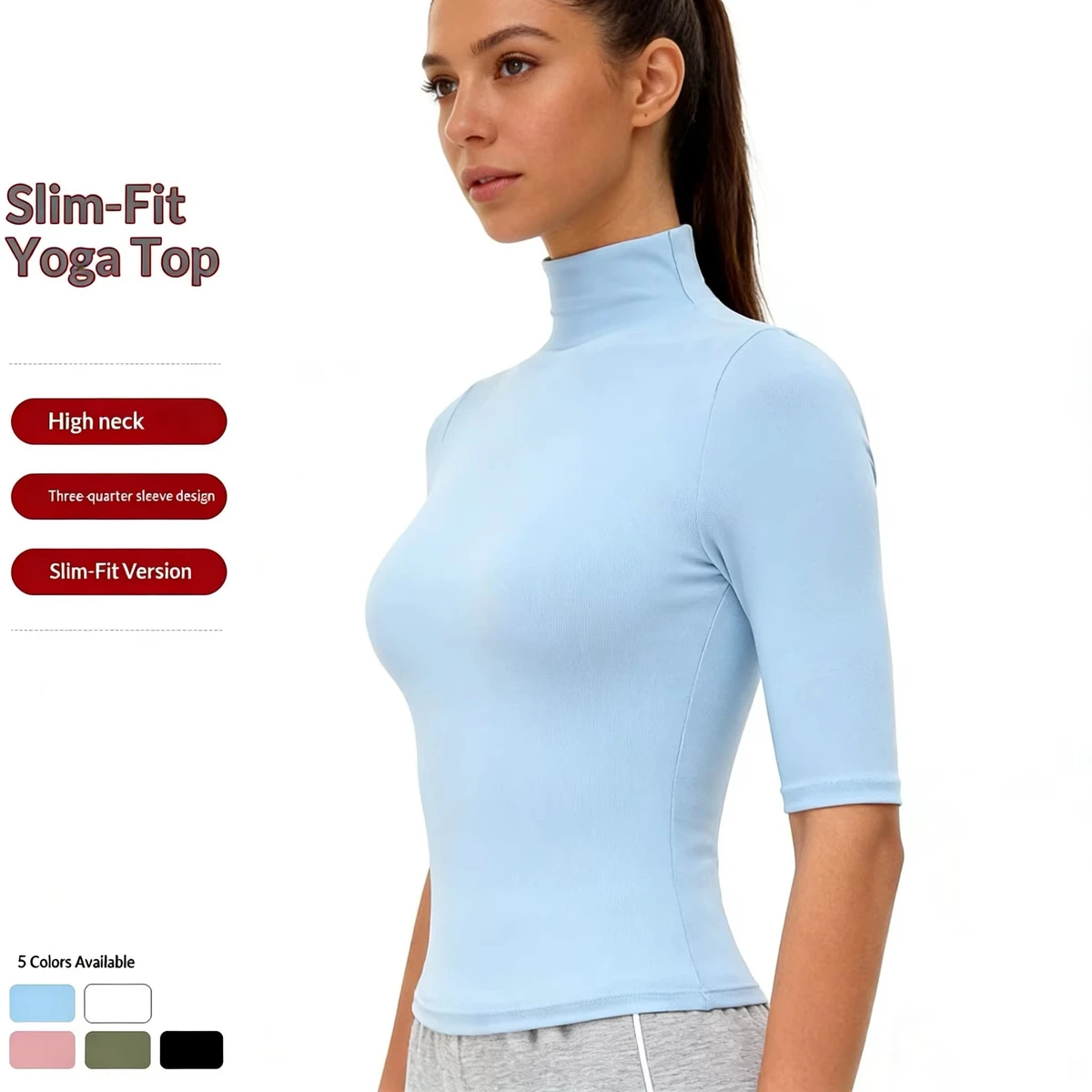Mock Neck Three Quarter Tight-fitting Lightweight Spandex/Nylon Breathable Four-Way Stretch Yoga Top Women Slimming Running