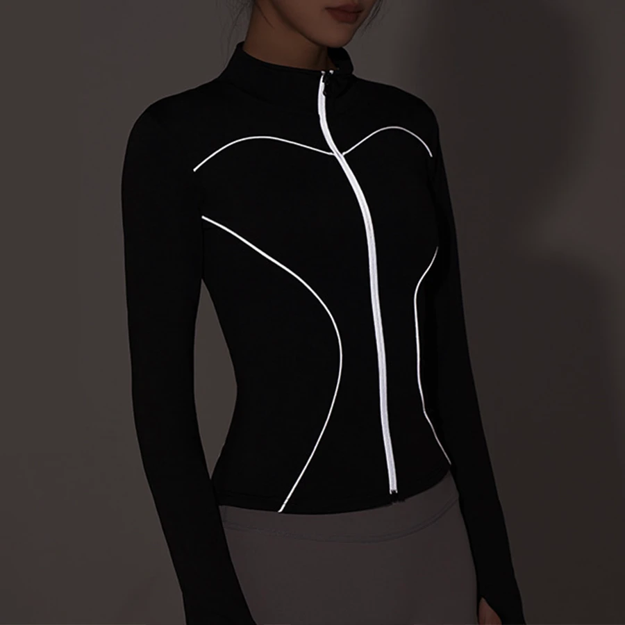 Womens Fashion Line Sense Reflection Strip Breathable Skinny Workout Top Wear Stand-Collar Outer Wearing Fitness Yoga Jacket