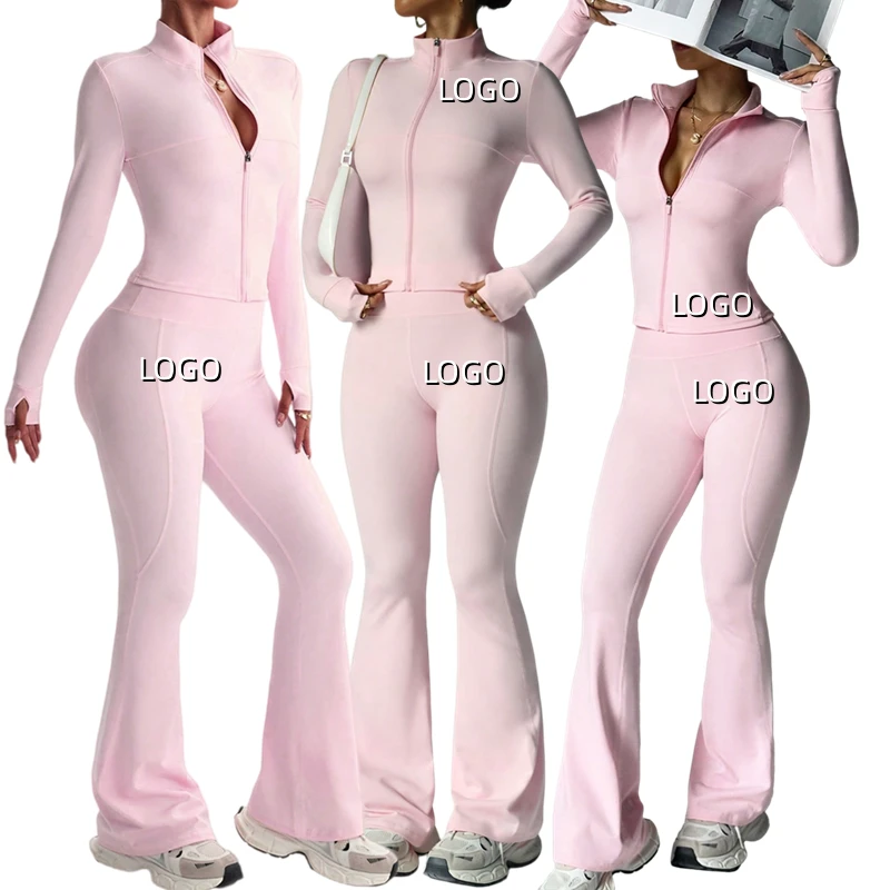 Classic 2 Piece Women's Zipper Long-sleeved Yoga Jacket Flared Pants Set Nude Feeling Gym Fitness Workout Stretch Sports Set