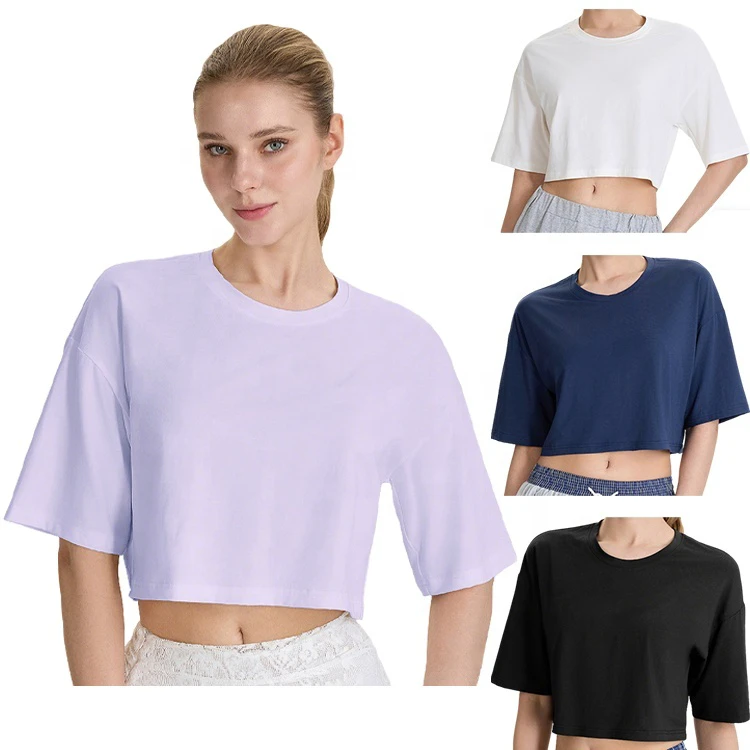 Summer Custom Logo Yoga T-Shirt Spandex Cotton Women's Loose Breathable Cropped Sleeveless Crew Neck Workout for Running & Gym