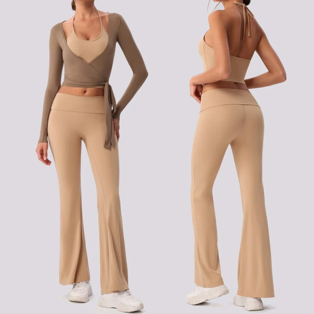 YIYI Wholesale Wrap Tie Long Sleeve Woman Yoga Set Lightweight Layered Look Woman Yoga Outfits Crew Neck Yoga Outfits for Ladies