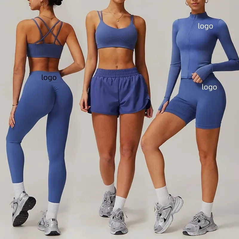 Customized Yoga Sports Gym Clothes Fitness Logo Hot Solid Color Women Sets Fashion Sportswear Women Yoga Fitness 5 Pieces Set