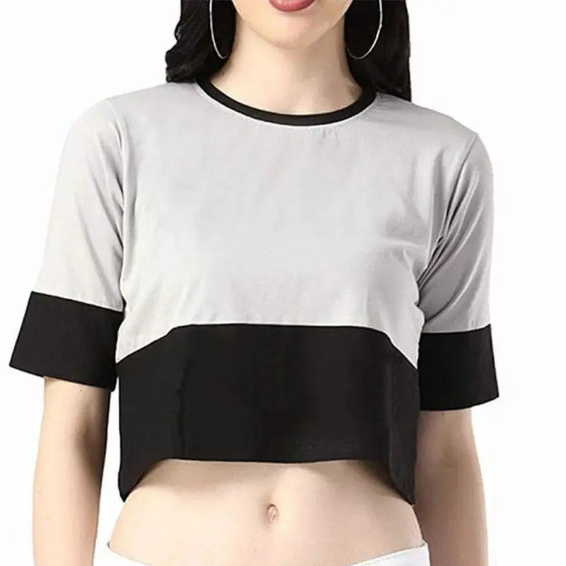 Summer Fashionable 92% Cotton 8% Spandex Slim Fit Girls Crop Top T-Shirt Round Neck Women's