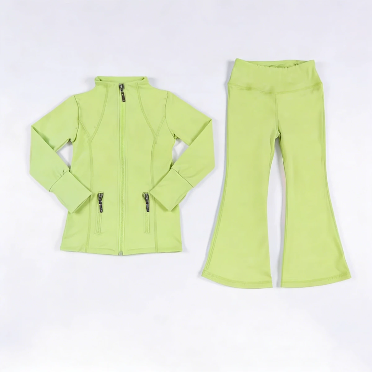 European American Girls' Fitness Yoga Solid Breathable For Loose Flared Pants Zipper Long-sleeve Two-piece Sports Set
