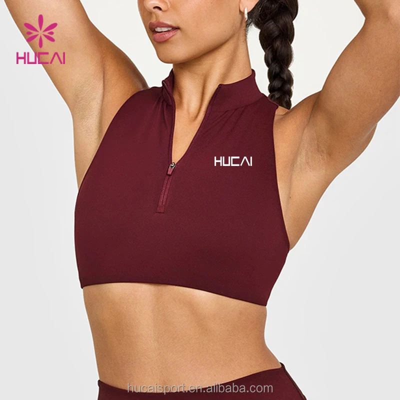 Custom Logo High Quality High Impact Push up Women Gym Fitness Sports Bra High Neck Half Zip Yoga Bra With Padding