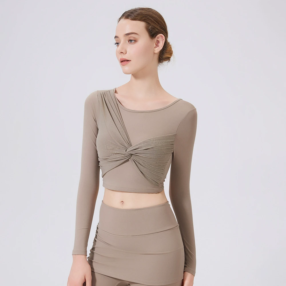 Women's Long Sleeve Mesh Twist Front Yoga Top with Built-in Bra Quick Dry Slim Fit Workout Shirt for Fitness & Pilates