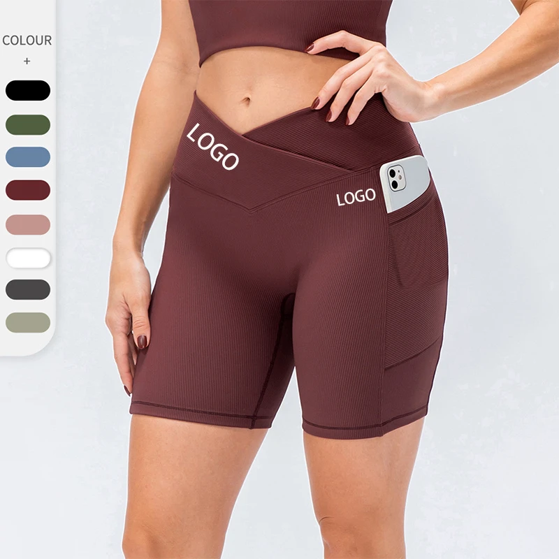 2023 Plus Size High Waist Workout Shorts Women Pockets Stretchy Ribbed Cross Waistband Shorts Women Fitness Yoga Biker Shorts