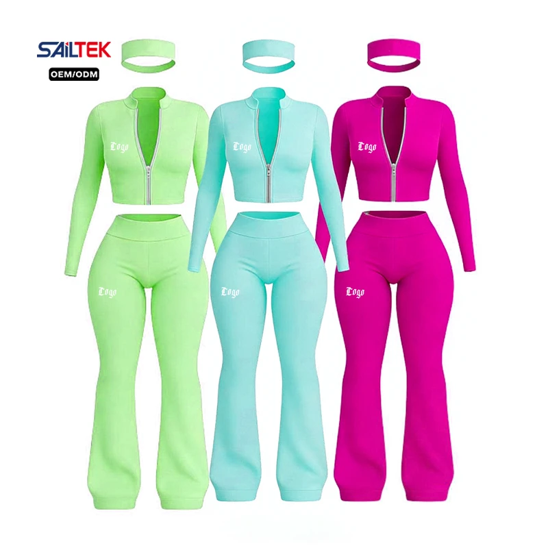 Custom Logo Zip up Jacket and Flared Pants Yoga Sets Gym Outfit Y2k Streetwear Sports Fitness 3 Piece Set Women Leisurewear