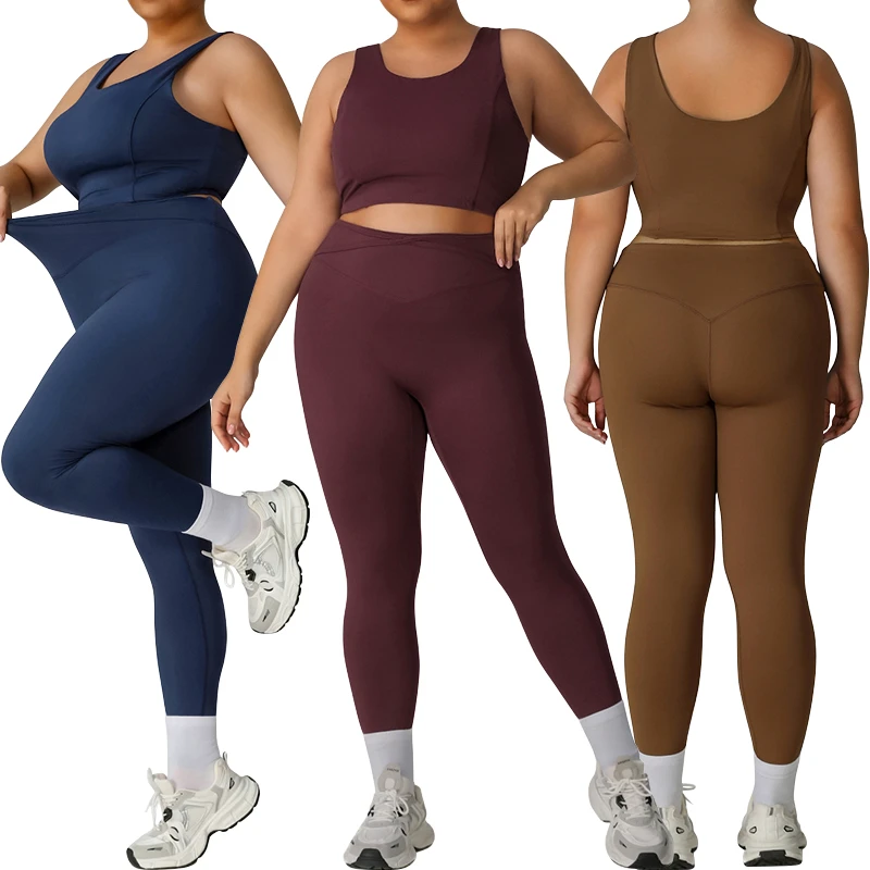 P02504 4XL Plus Size Fitness Yoga Set for Women Large-sized Training Suit Wide Strap Bra Cross Waist Legging Yoga Set