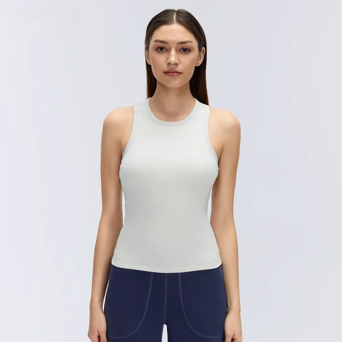 Women's Breathable Sports Vest with Chest Pads Ribbed Round Neck Slim Fit Sleeveless Gym Tank Top