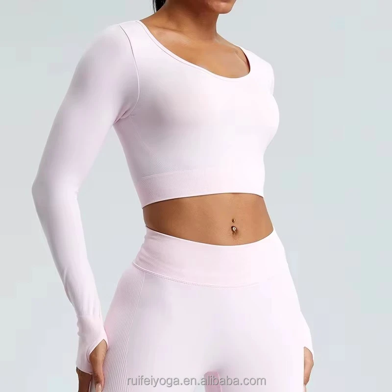 Custom Design High Elasticity Breathable Slim-Fit Gym Yoga Women Long Sleeve Workout Crop Top With Thumb Hole