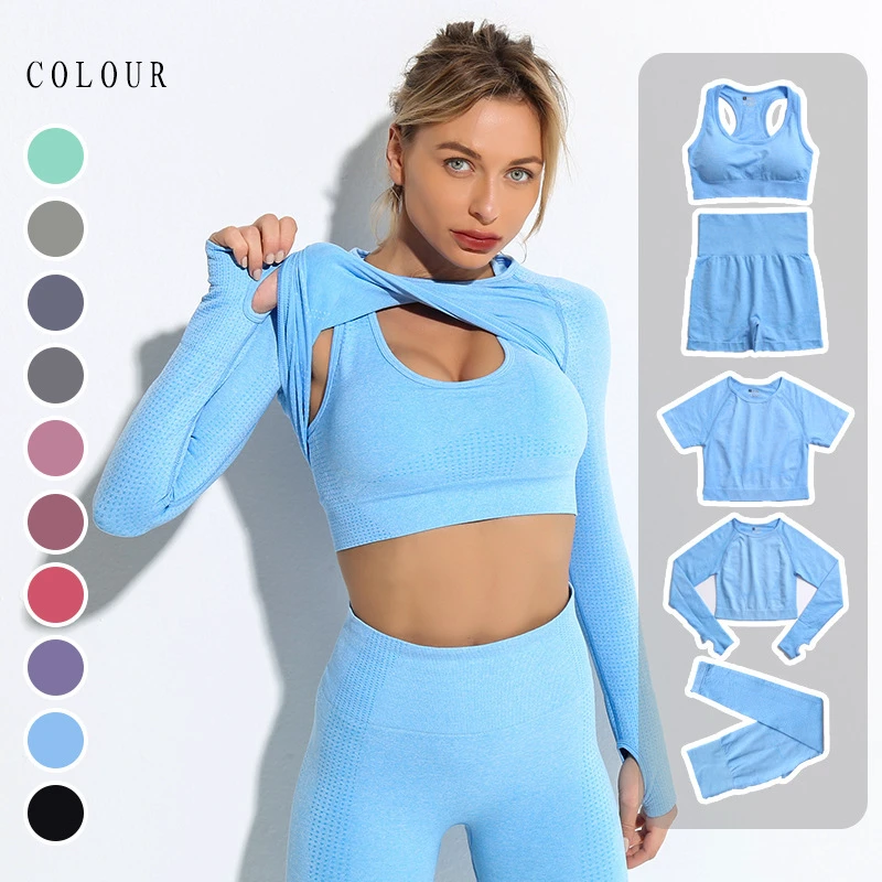 5 Pcs Women's Sportswear Workout Clothes Athletic Wear Suit Sport Gym Legging Seamless Fitness Bra Crop Top Long Sleeve Yoga Set