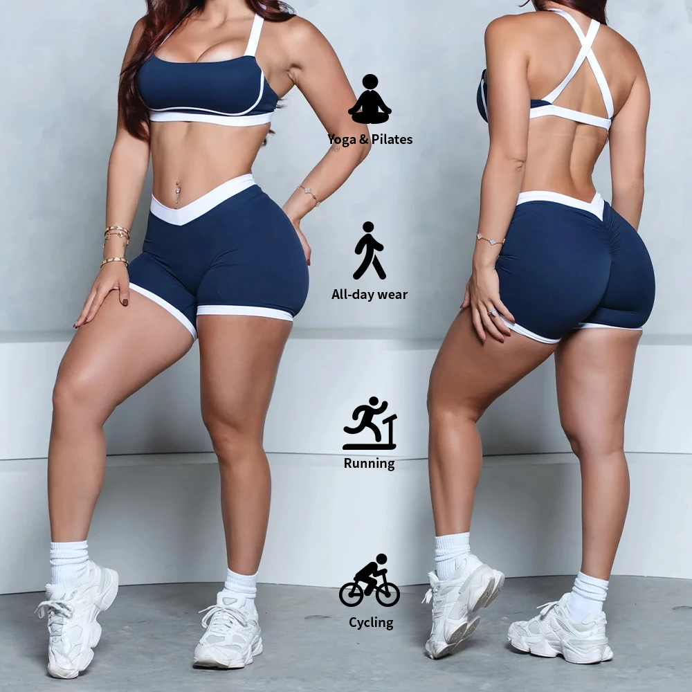 Custom Logo Sport Gym Wear Contrast Waisted V Shape Butt Scrunch Yoga Short and Bra Suits Women Workout Sets