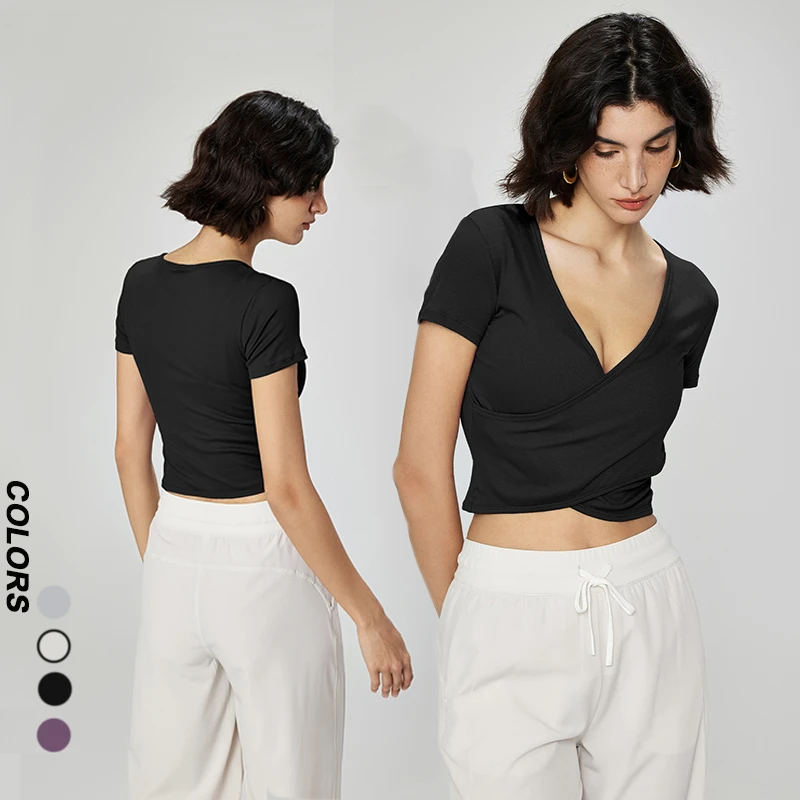 Custom Logo Cross V Neck Nude Feeling T-shirt Crop Top T-shirt Modal Ribbed Short Sleeve Yoga Tops Sports T Shirt Women