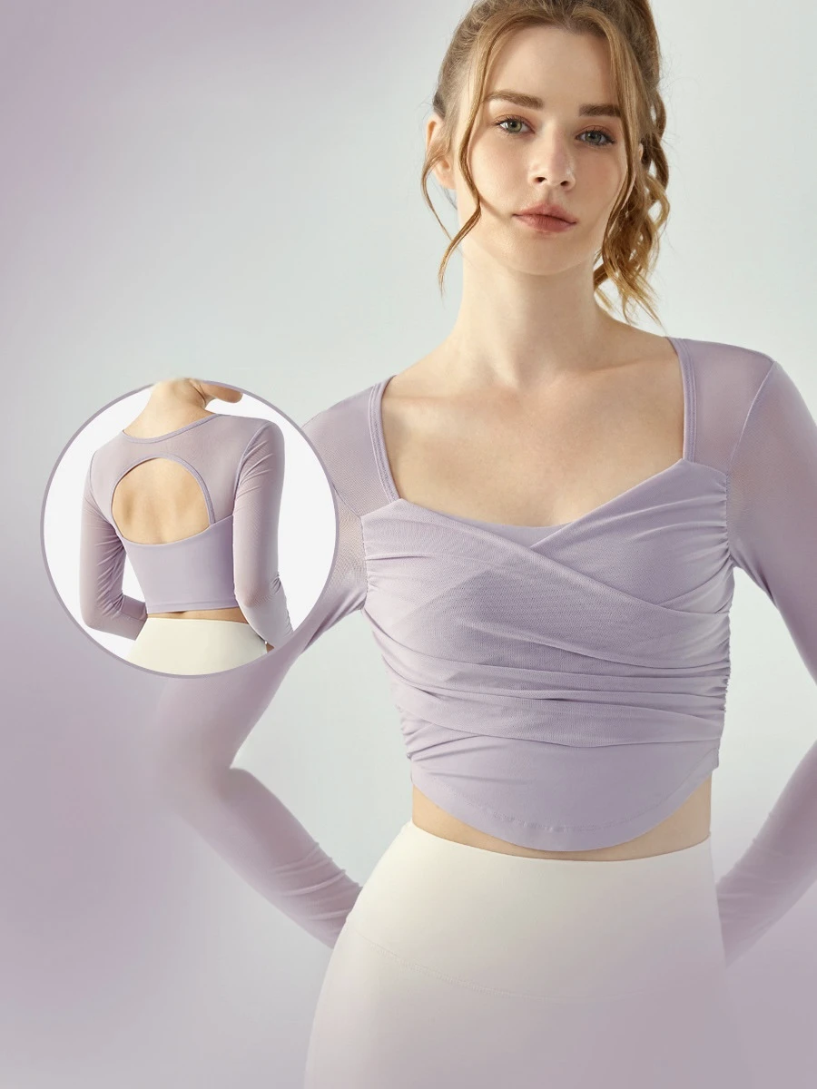 New Stylish Women Mesh Long Sleeve Yoga Shirts Chest Pads Breathable Quick-Dry Lightweight Sports Bra Fitness Gym Crop Tops