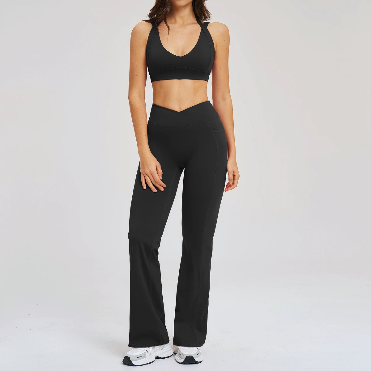 Hot Bra Flare Legging High-rise Side Pockets Yoga Pant Sleeveless Top 2 Pcs Sporting Wear Out Running Fashion Girl Gym YOGA Sets