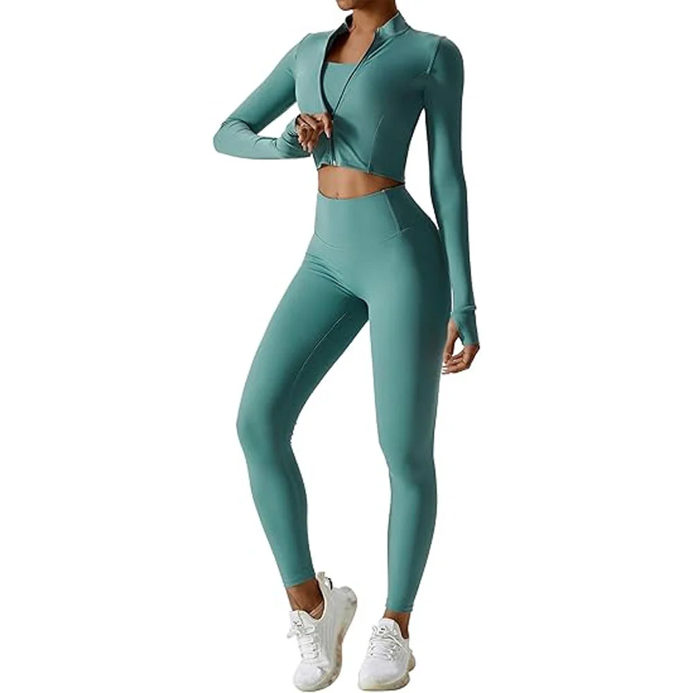 Wholesale Sportswear 3 Pcs High Quality Breathable Solid Gym Fitness Sets Women Stylish Yoga Long Sleeves Active Sports Bra