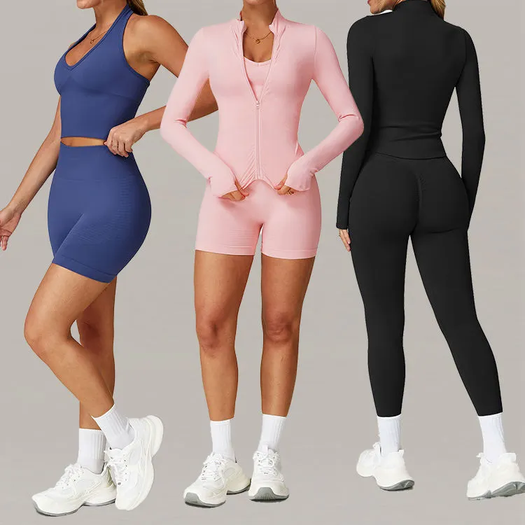 New Seamless Ribbed High-Elasticity 2-Piece Eco-Friendly Breathable Sportswear Set Quick-Dry Zip-Up Hoodie Tight-Fit Waist Front