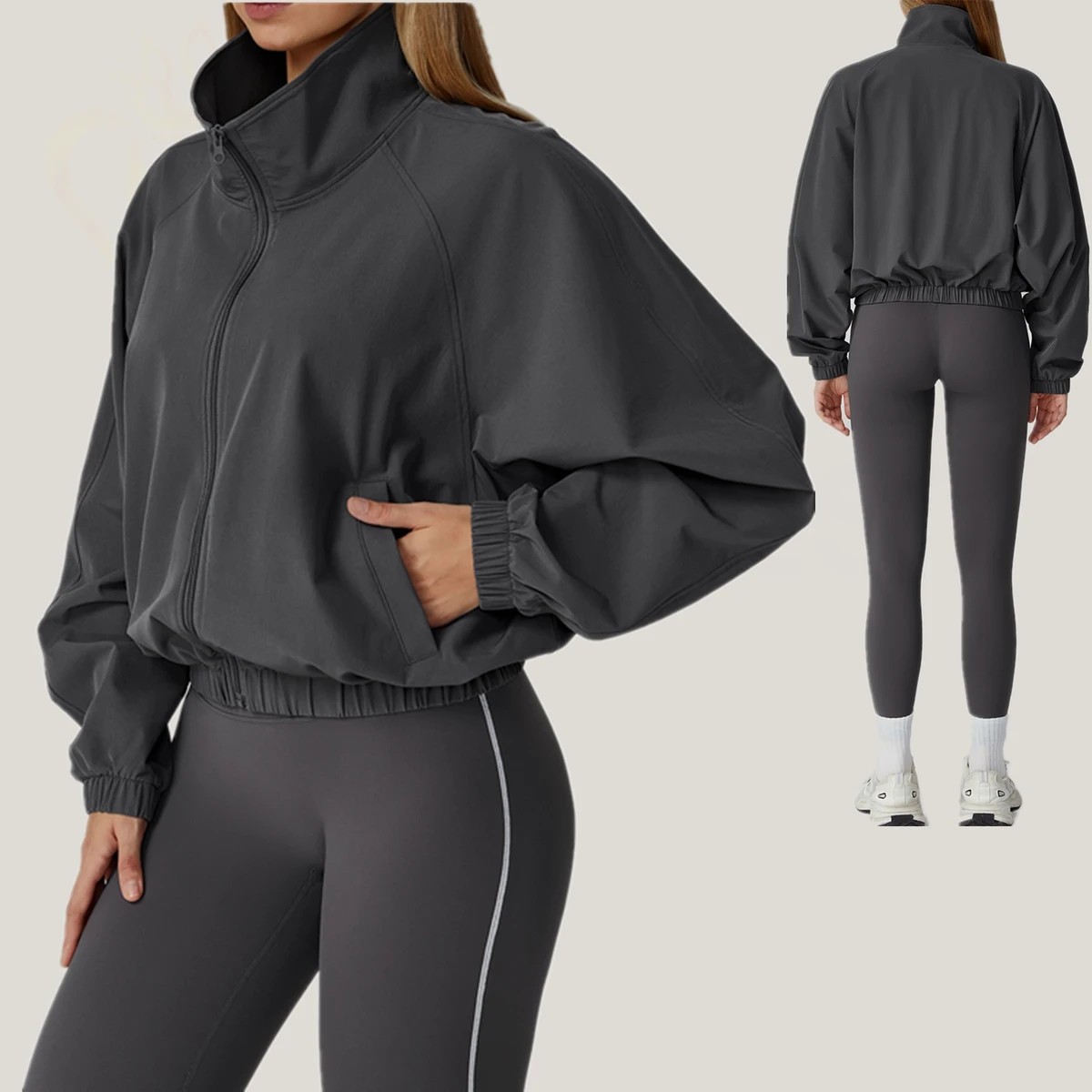 Women's Quick-Dry Windproof Running Jacket Zippered Stand-up Collar Sports Wear Long Sleeve Sports Yoga Top