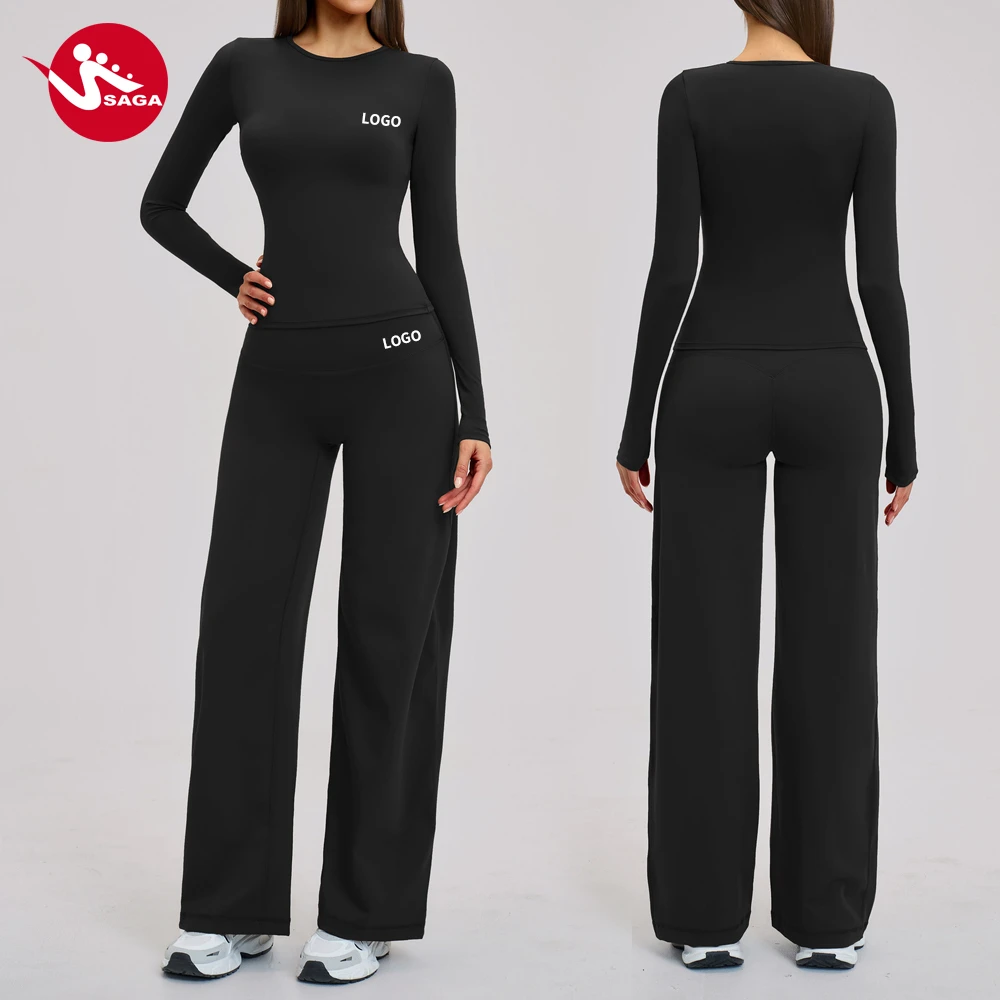 Deportiva Style Quick Dry Long Sleeve Crop Top Flared Yoga Pants 2 Piece Set Women for Gym Yoga Set