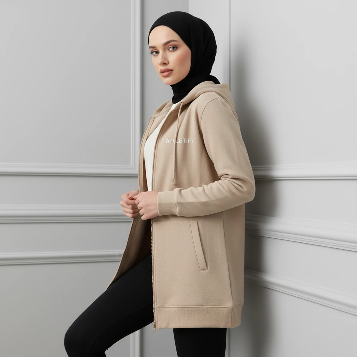 Islamic Women Plus Size Loose Longline Hooded Sweatshirt Jacket Modest Full-Zip Breathable Eco-Friendly UPF50+ French Sportswear