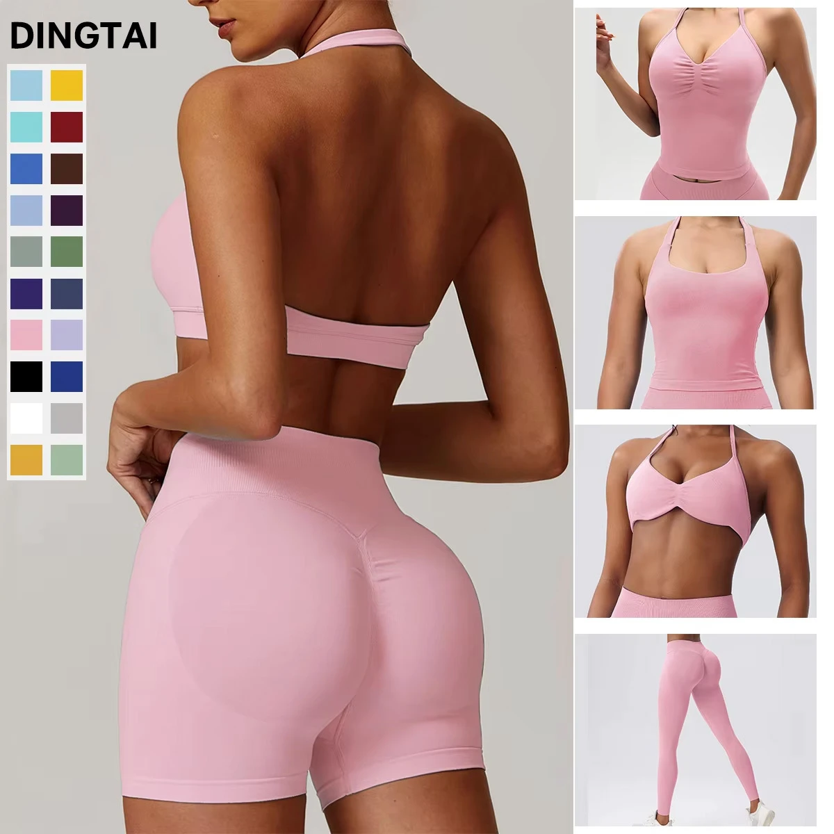 Custom LOGO Guangzhou Dingtai Women Gym Sport Wear Fitness Seamless Set Yoga Neck Bras Scrunch Butt Lift Leggings Yoga Short