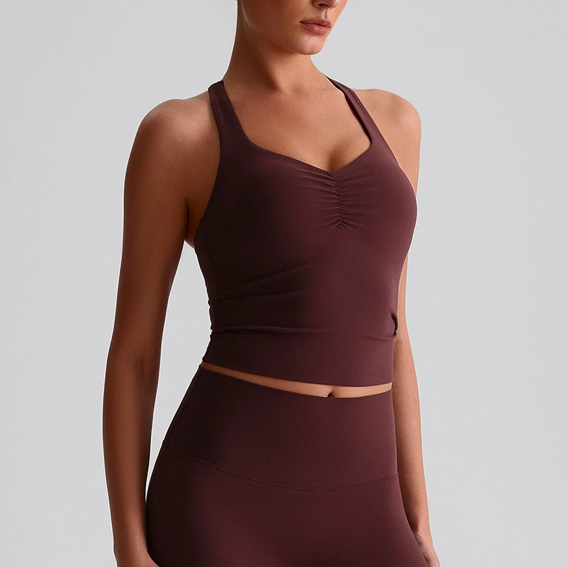 Multiple Colors Available Sleeveless V Neck Yoga Activewear Backless Crisscross Tie Back Shirred Design Sports Bra