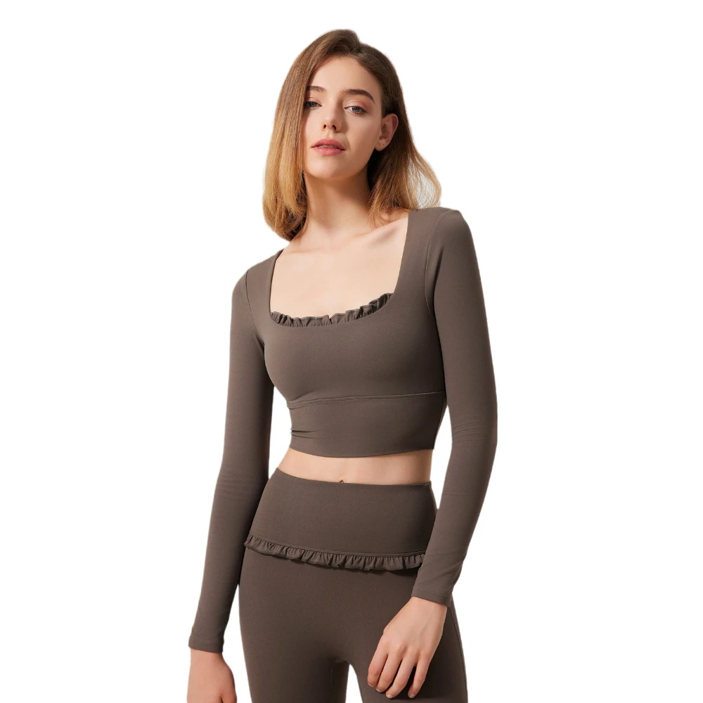 2025 Customizable Lightweight Lace Workout Top Women Collarless Long-Sleeve Crop Gym Yoga Outfit Regular Fit 100% Cotton